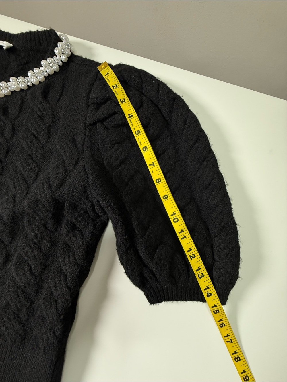 Sugarlips | Pearl Embellished Cable Puff Sleeve Knit Cardigan | Black | Size M - Picture 10 of 11